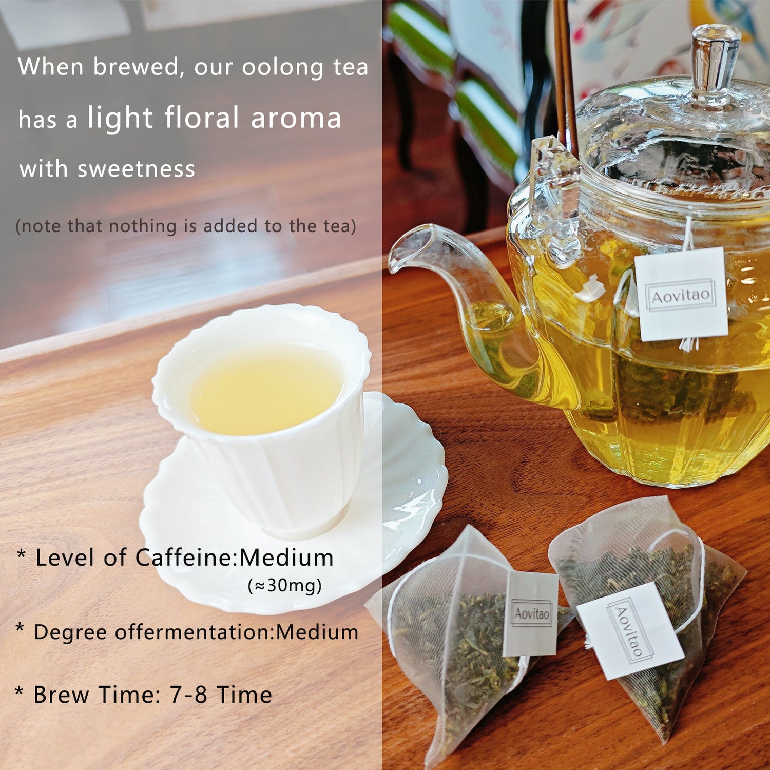 Tea cup, teapot, and tea bags on a wooden surface with text about oolong tea.